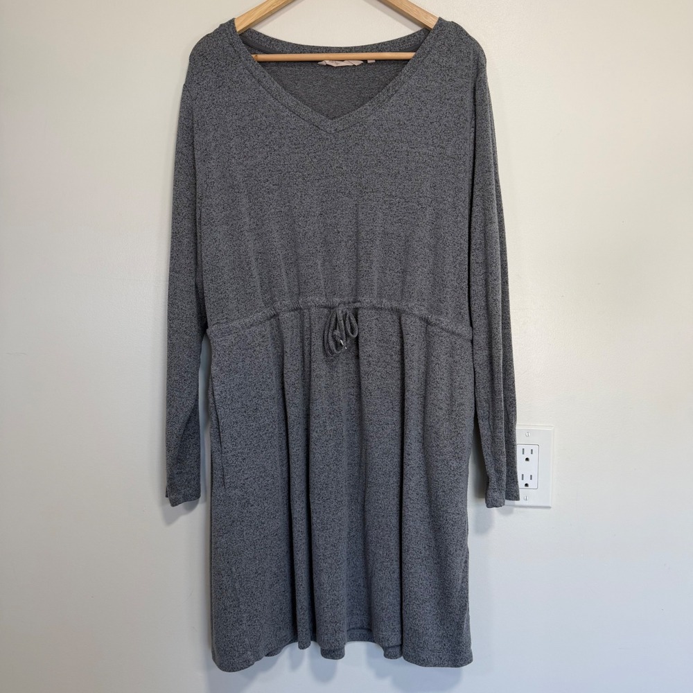 Soft Surroundings Drawstring Waist Knit Dress Womens XL Gray V-Neck Basic Casual